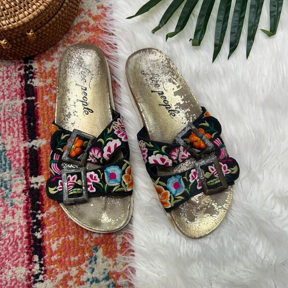 Free People Shoes - Free People Bali Footbed Sandal 39 / 9 Embroidered Boho Slide Slip On Colorful